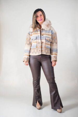 ABRIGO PIEL CUELLO BOTONES - LANA ESTAMPA - Beige 1 ABRIGO PIEL CUELLO BOTONES - LANA ESTAMPA