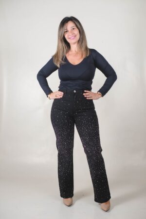 JEANS RECTO ELASTIZADO CON BRILLANTES Denim Negro 1 JEAN RECTO ELASTIZADO CON BRILLANTES